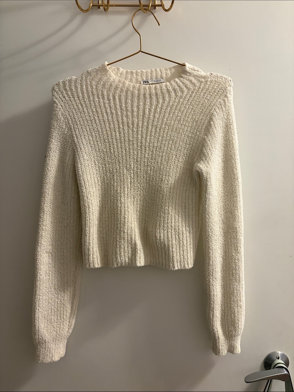 Zara Cream Ribbed Knit Cropped Sweater